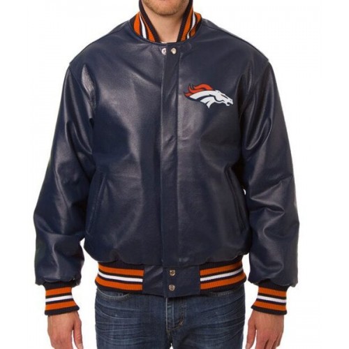 Denver Broncos Varsity Navy Blue Leather Jacket